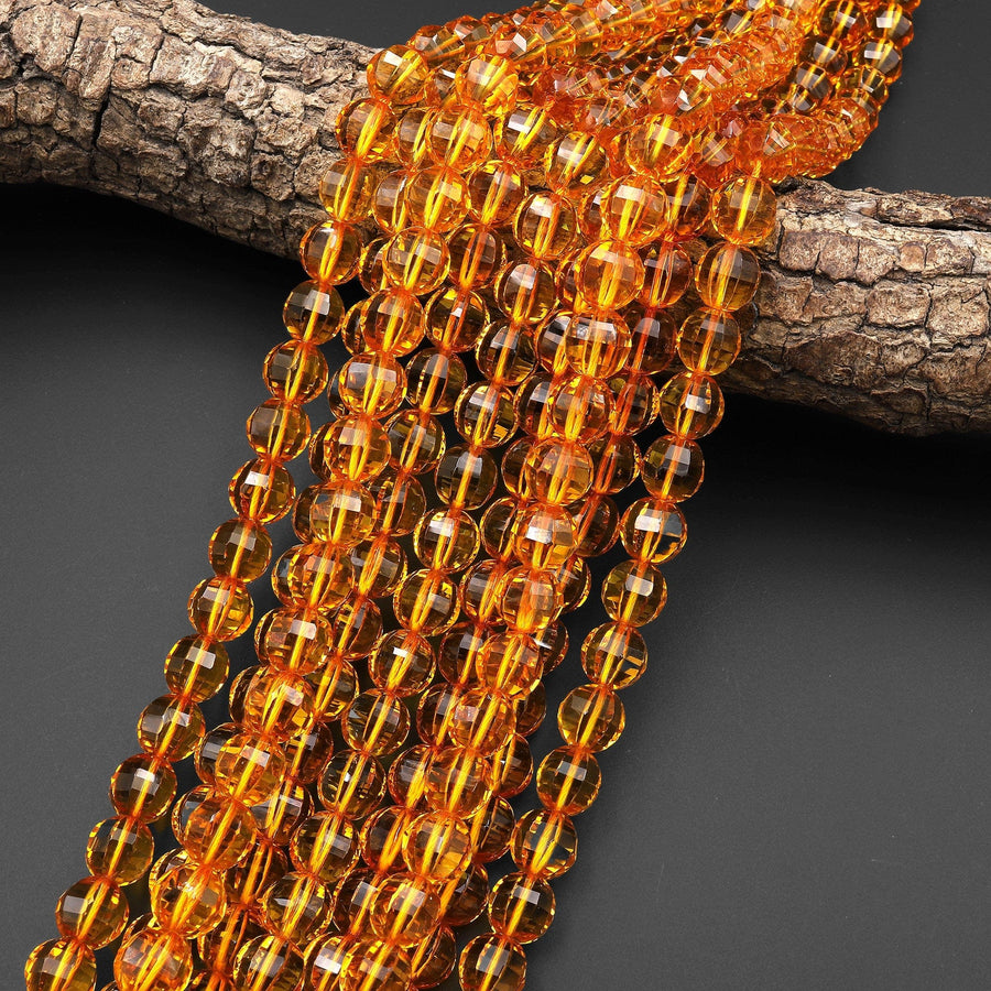 Faceted Golden Citrine 8mm 10mm Round Beads Geometric Lantern Cut Sparkling Gemstone 15.5" Strand