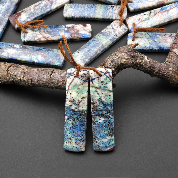 Real Natural Lightening Azurite Rectangle Earrings Matched Gemstone Bead Pair From Arizona A4