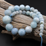 Graduated Natural Aquamarine Faceted Round Beads Blue Gemstone Beads 17" Strand