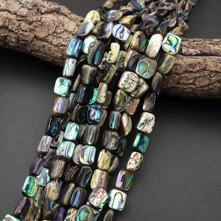 Genuine Natural Abalone Rectangle Square Nugget Beads Iridescent Rainbow Glow Blue Green Irridescent 15.5" Strand