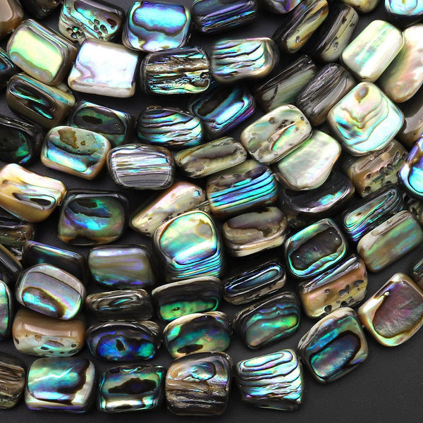 Genuine Natural Abalone Rectangle Square Nugget Beads Iridescent Rainbow Glow Blue Green Irridescent 15.5" Strand