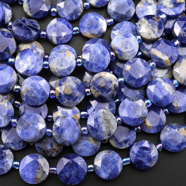 Faceted Natural Denim Blue Sodalite 9mm 10mm Coin Beads Gemstone 15.5" Strand