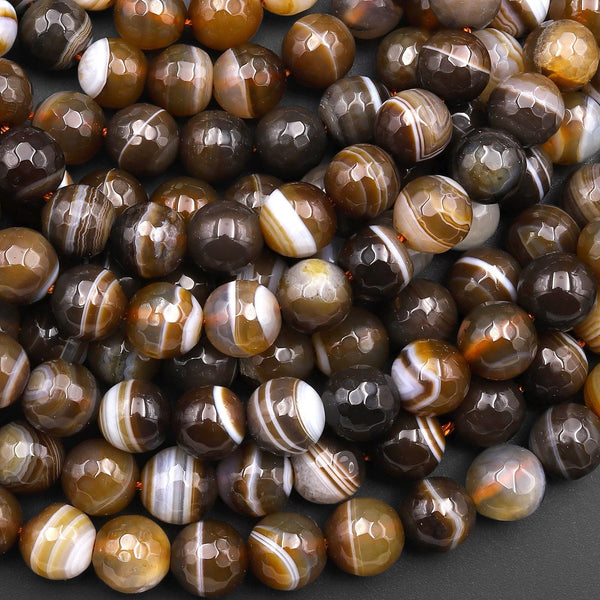 Faceted Brown Tibetan Striped Agate 8mm Round Beads Amazing Veins Bands Antique Boho Mala Beads 15.5" Strand