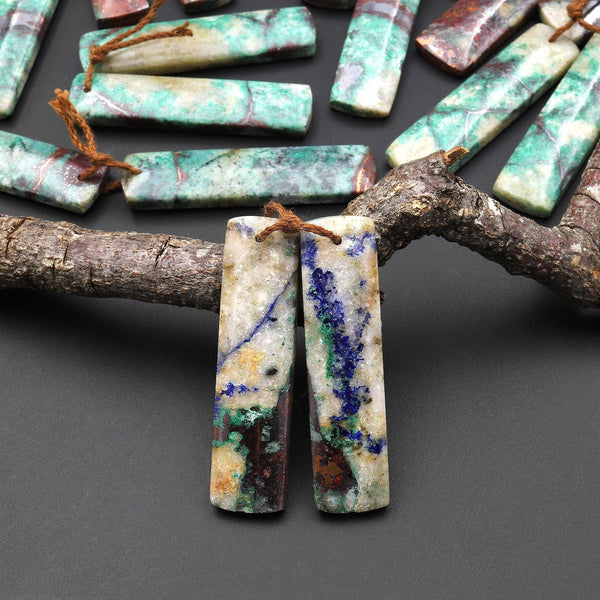 Natural Chrysocolla in Copper Long Rectangle Earring Pair Matched Gemstone Beads From Arizona A2