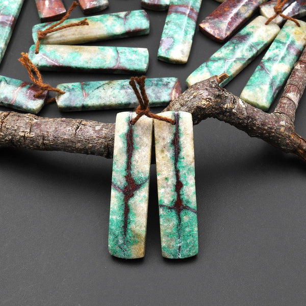 Natural Chrysocolla in Copper Long Rectangle Earring Pair Matched Gemstone Beads From Arizona A5