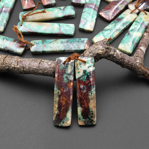 Natural Chrysocolla in Copper Long Rectangle Earring Pair Matched Gemstone Beads From Arizona A6