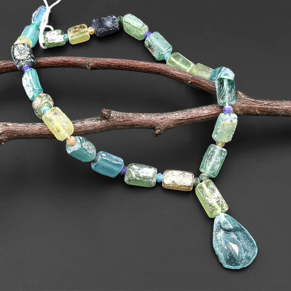 Genuine Ancient Roman Glass Dark Green Nugget Beads Antique Vintage 15" Strand A1