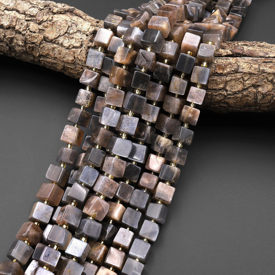 Natural Black Moonstone 8mm Square Cube Beads 15.5" Strand