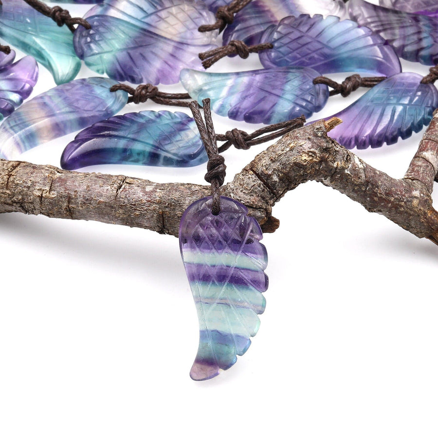 AAA Hand Carved Natural Purple Green Fluorite Angel Wing Pendant Bead Drilled Gemstone