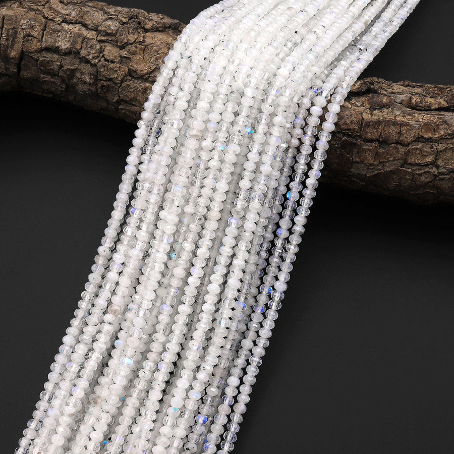 AAA Natural Rainbow Moonstone Faceted Lantern Rondelle Beads 4mm High Quality Blue Flashes 15.5" Strand