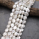 Large Natural White Coin Oval Coin Pearl Iridescent High Quality Real Genuine Freshwater Pearls 15.5" Strand