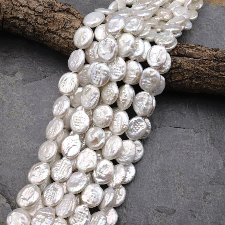 Large Natural White Coin Oval Coin Pearl Iridescent High Quality Real Genuine Freshwater Pearls 15.5" Strand