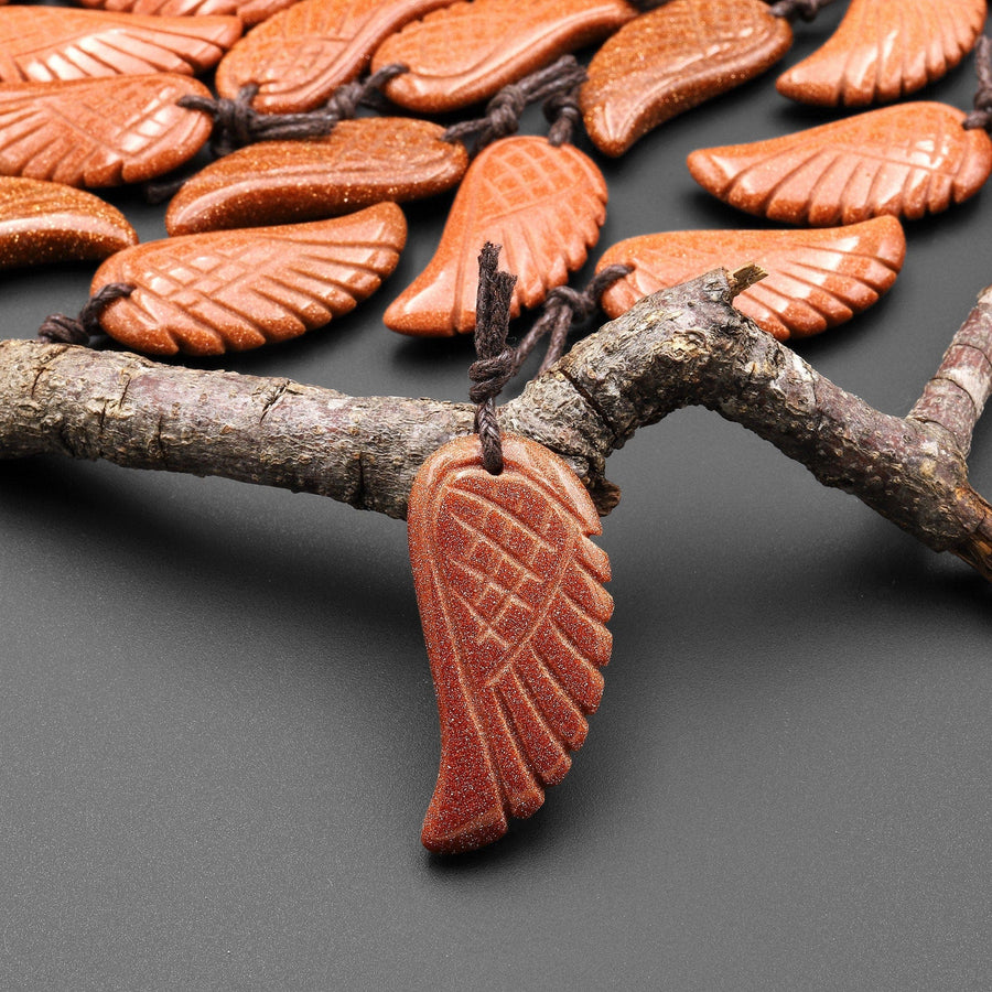 Hand Carved Goldstone Angel Wing Pendant Bead Drilled Gemstone