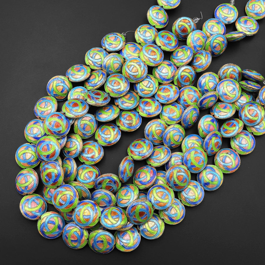 Infinity Knot Hand Made Cloisonné Coin Disc Beads 20mm Decorative Enamel Orange Blue Green 15.5" Strand