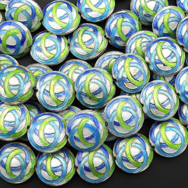 Infinity Knot Hand Made Cloisonné Coin Disc Beads 20mm Decorative Enamel Blue Green 15.5" Strand