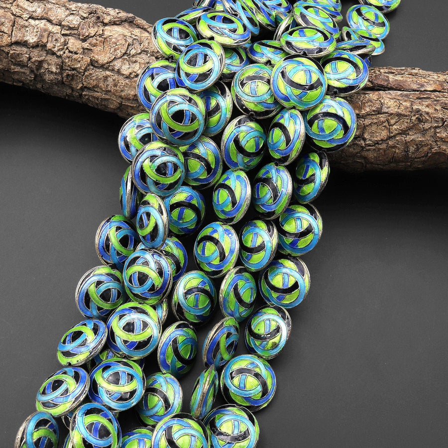 Infinity Knot Hand Made Cloisonné Coin Disc Beads 20mm Decorative Enamel Black Blue Green 15.5" Strand