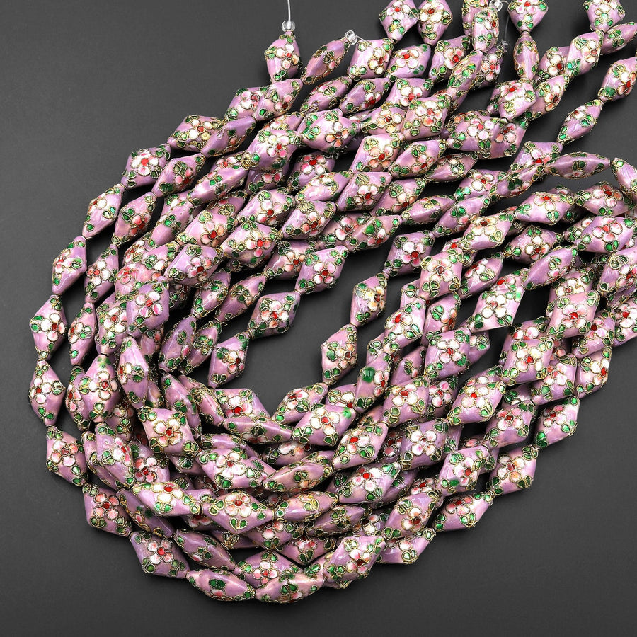 Hand Made Violet Purple Cloisonné Diamond Bead 20mm Decorative Floral 15.5" Strand