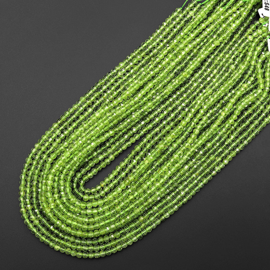 AAA+ Natural Green Peridot 4mm Faceted Lantern Round Beads 15.5" Strand