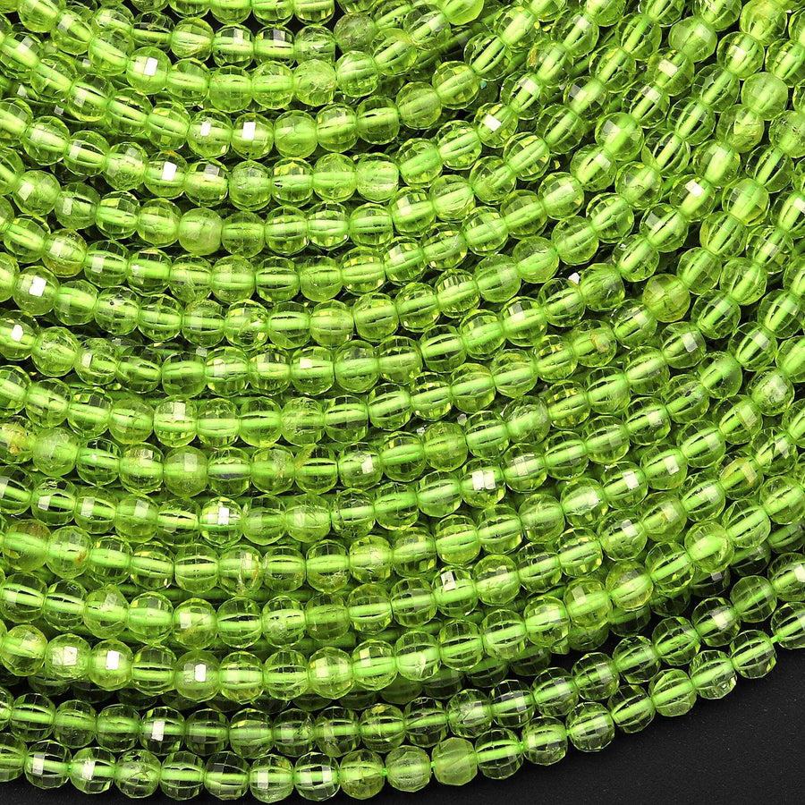 AAA+ Natural Green Peridot 4mm Faceted Lantern Round Beads 15.5" Strand