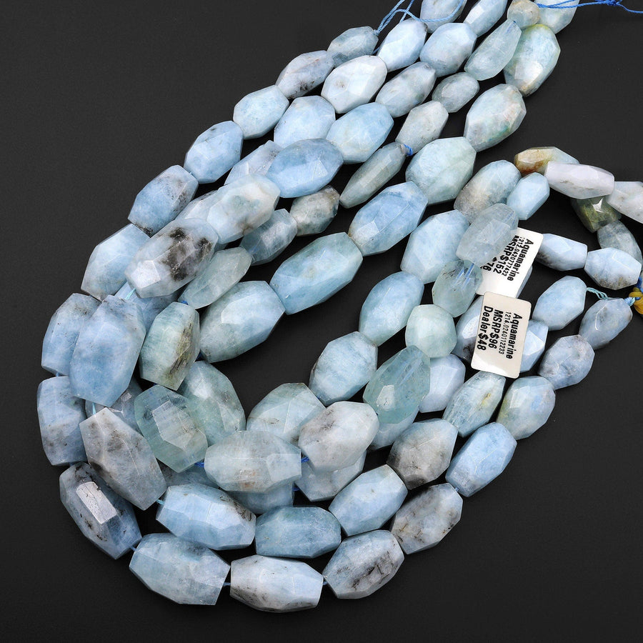 Large Natural Aquamarine Graduated Faceted Nugget Beads Hand Cut Gemstone 15.5" Strand