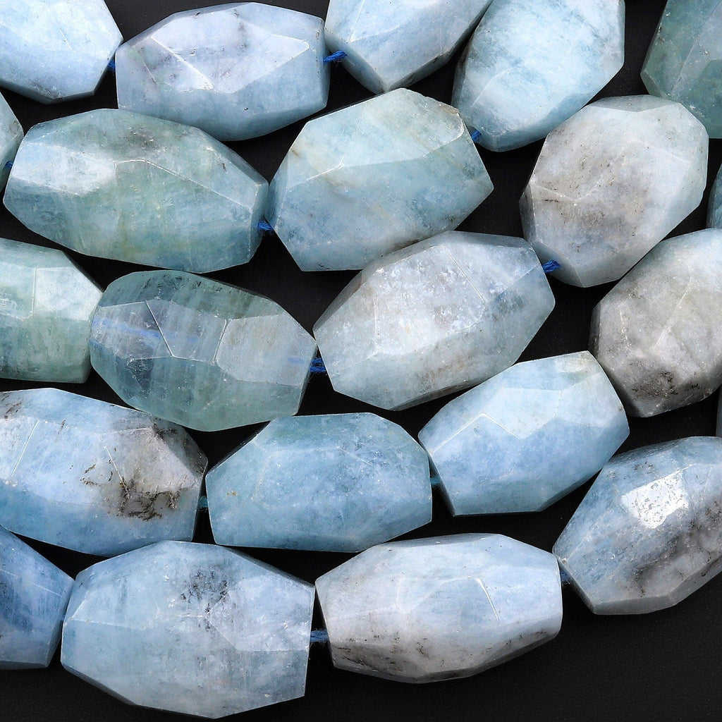 Large Natural Aquamarine Graduated Faceted Nugget Beads Hand Cut Gemstone 15.5" Strand