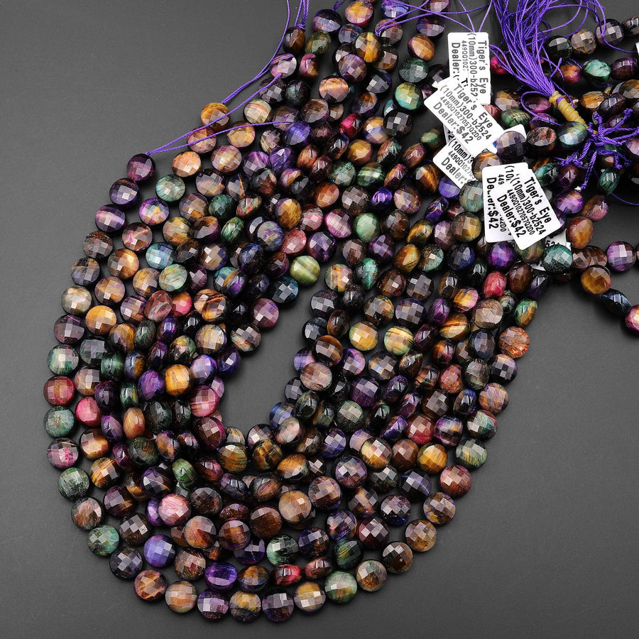 AAA Rainbow Colors Galaxy Tiger's Eye 10mm Faceted Coin Beads 15.5" Strand