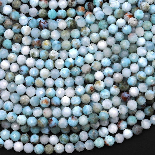 Genuine Natural Blue Larimar Beads Faceted 4mm Round Beads W Red Iron Matrix 15.5" Strand