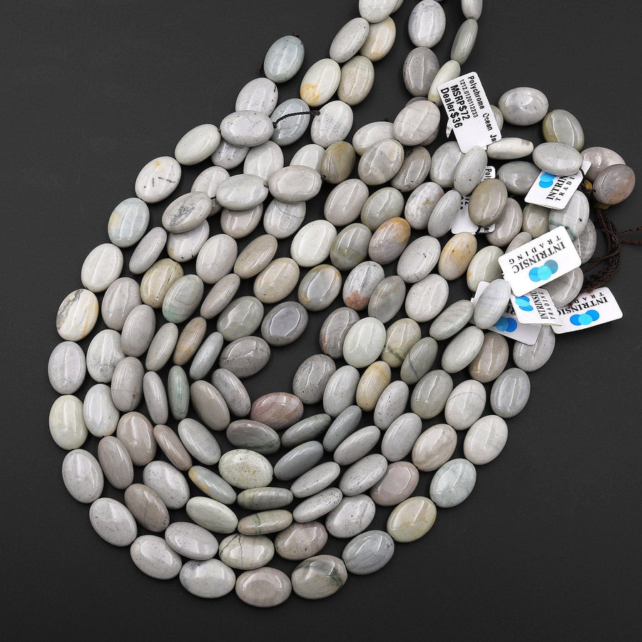 Natural Polychrome Landscape Ocean Jasper Smooth Oval Beads Earthy Slate Green Gray 15.5" Strand