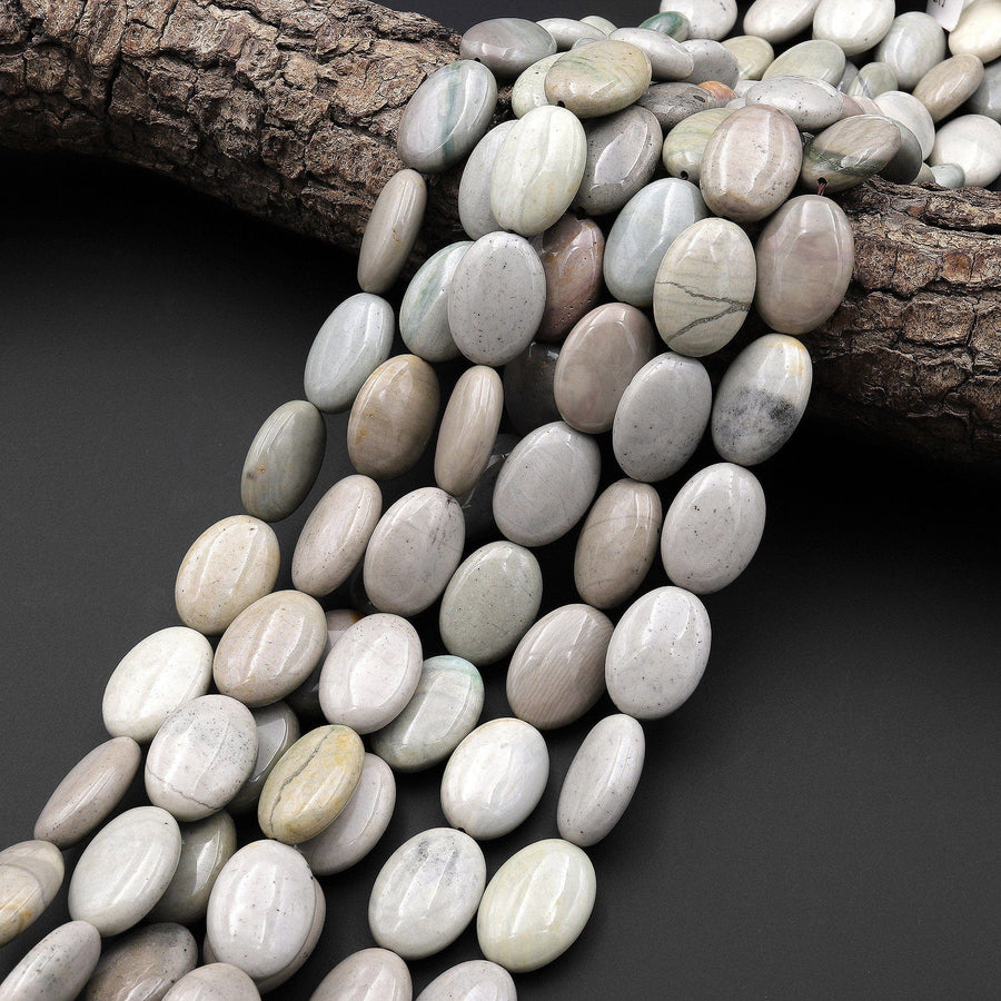 Natural Polychrome Landscape Ocean Jasper Smooth Oval Beads Earthy Slate Green Gray 15.5" Strand