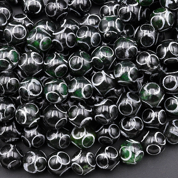 Hand Carved Natural Dark Black Green Soochow Jade 8mm 10mm Round Beads Antique Looking 15.5" Strand