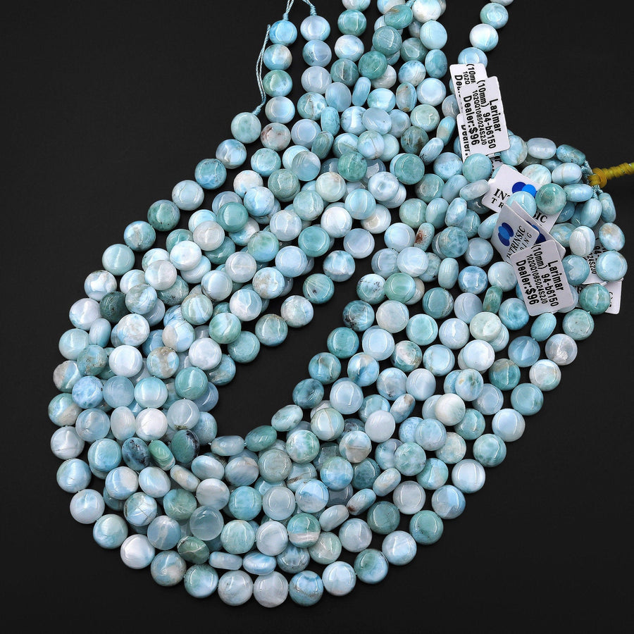 Natural Blue Larimar 10mm Coin Beads Real Genuine Gemstone From Dominican Republic 15.5" Strand