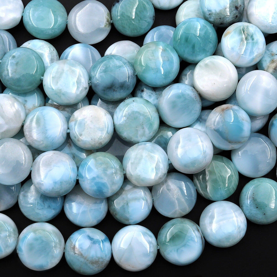 Natural Blue Larimar 10mm Coin Beads Real Genuine Gemstone From Dominican Republic 15.5" Strand