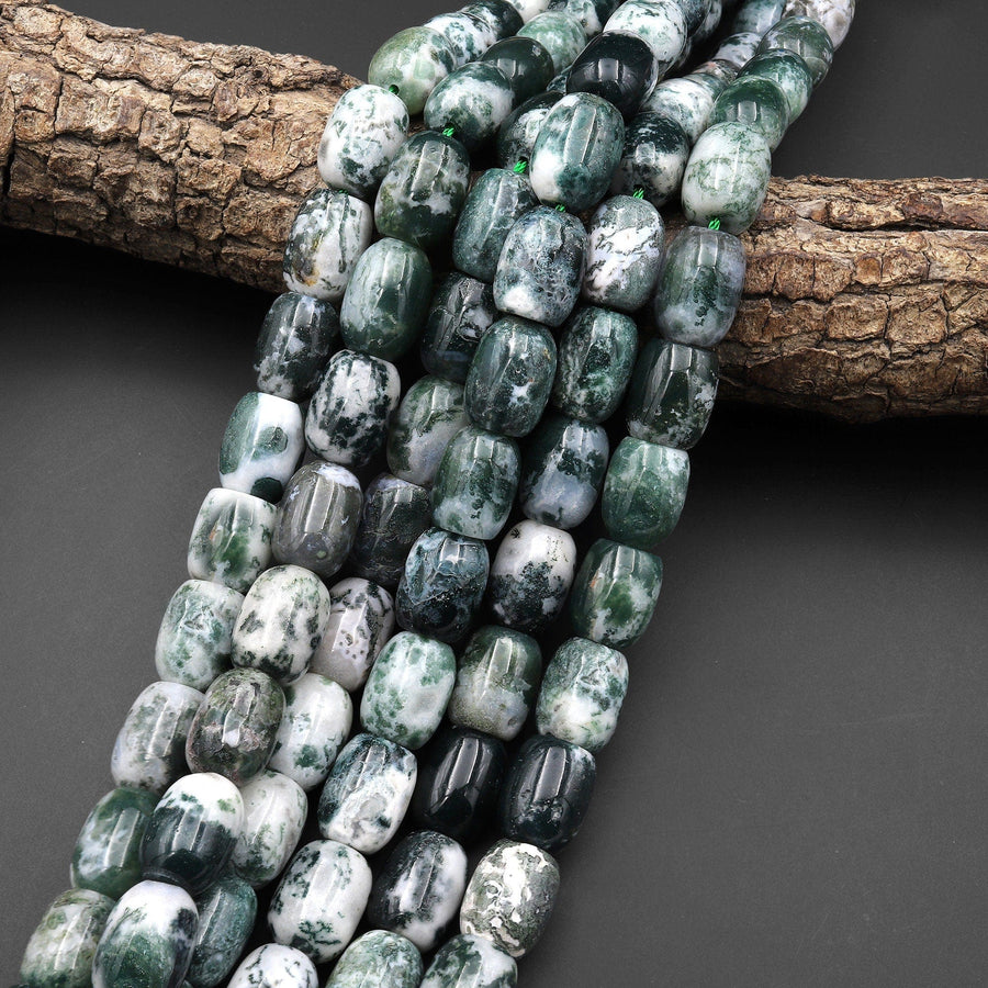 Large Natural Green Moss Agate Drum Barrel Beads 15.5" Strand