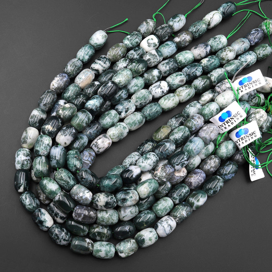 Large Natural Green Moss Agate Drum Barrel Beads 15.5" Strand