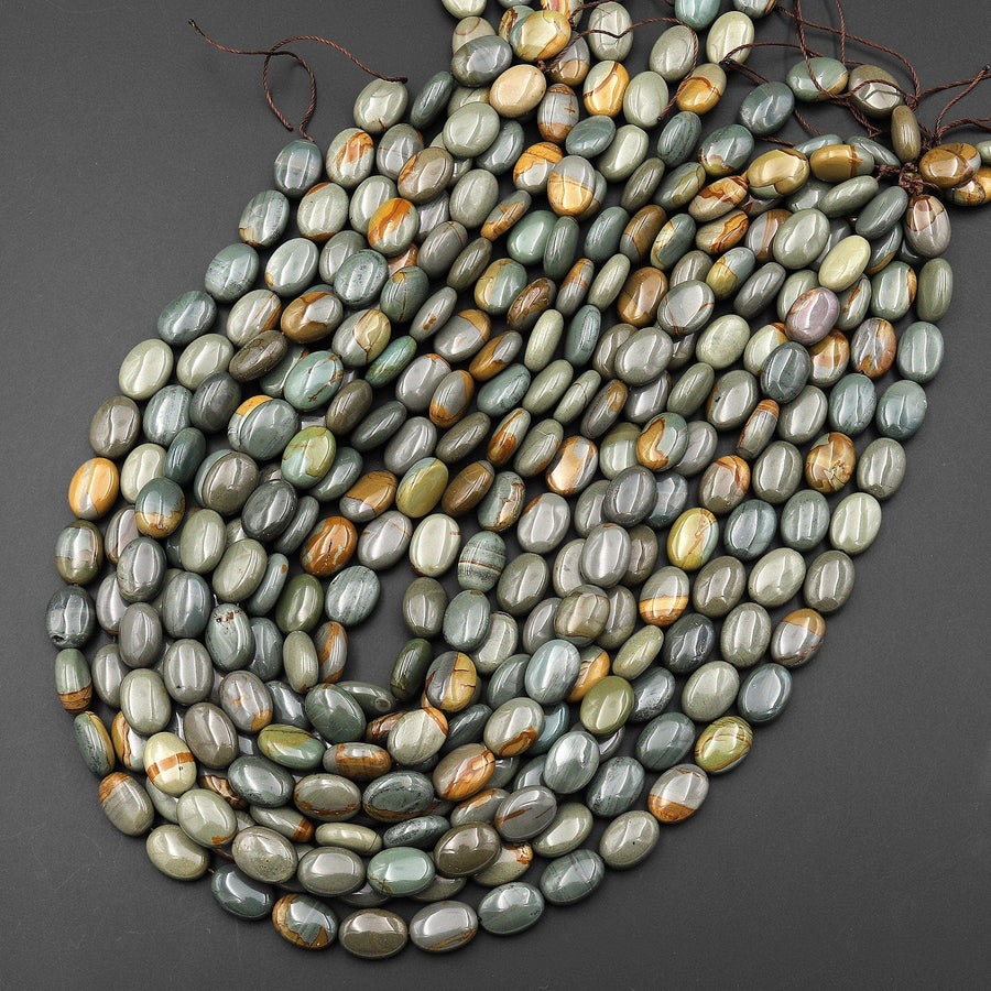 Extremely Rare Natural Slate Green Cripple Creek Jasper Oval Beads 15.5" Strand