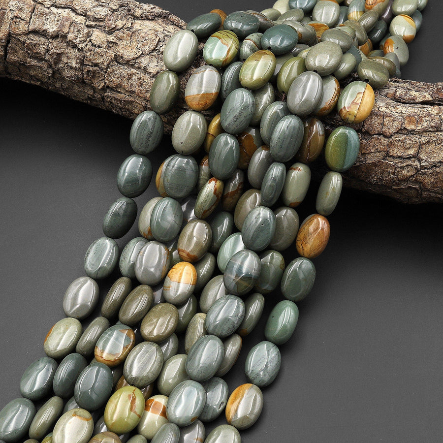 Extremely Rare Natural Slate Green Cripple Creek Jasper Oval Beads 15.5" Strand