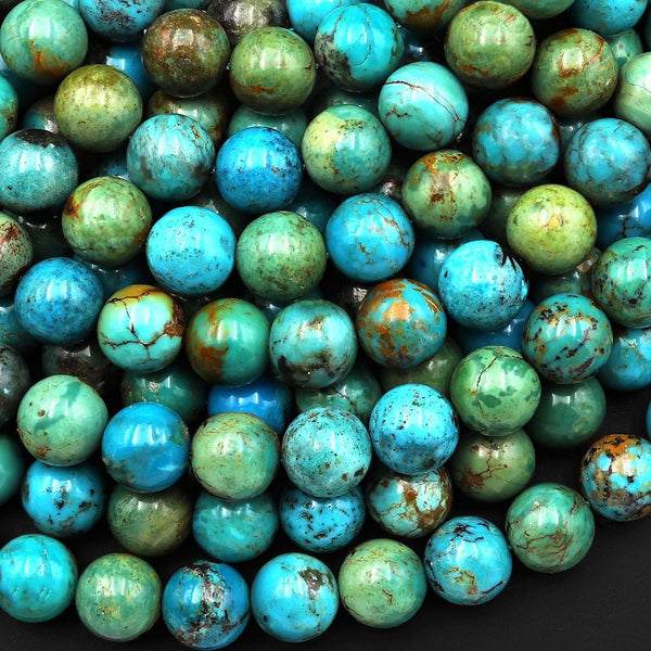 Real Genuine Natural Blue Green Golden Brown Turquoise 10mm Smooth Round Beads 15.5" Strand