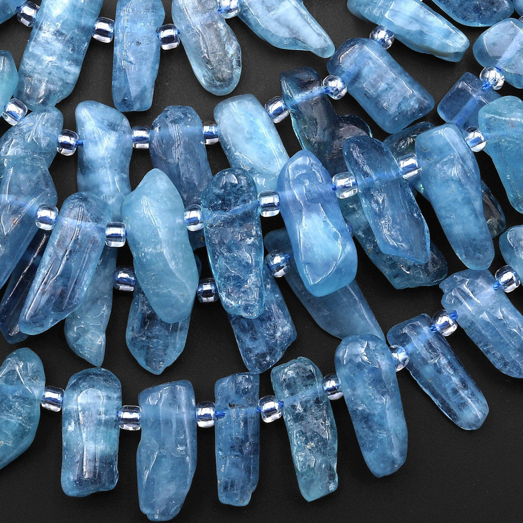 Rare Natural Blue Santa Maria Aquamarine Freeform Top Side Drilled Rectangle Beads 15.5" Strand