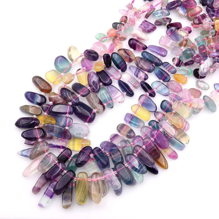 Natural Rainbow Fluorite Purple Green Blue Yellow Freeform Oval Rectangle Beads Top Side Drilled 15.5" Strand