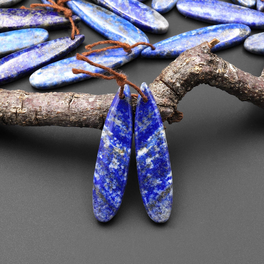 Drilled Natural Blue Lapis Earring Pair With White Calcite Long Skinny Teardrop Matched Gemstone Beads Pair A3