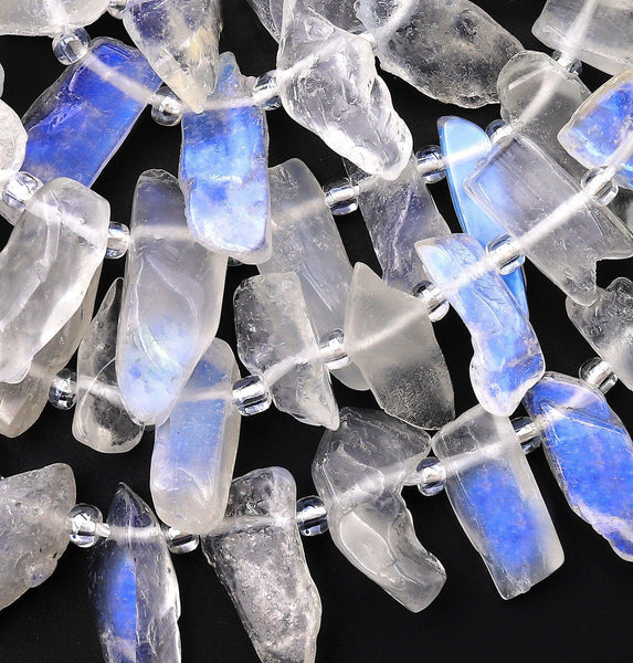 Flashy Blue Fire~ Natural Rainbow Moonstone Beads Unique Cut Irregular Freeform Nuggets Side Drilled Long Petal 15.5" Strand