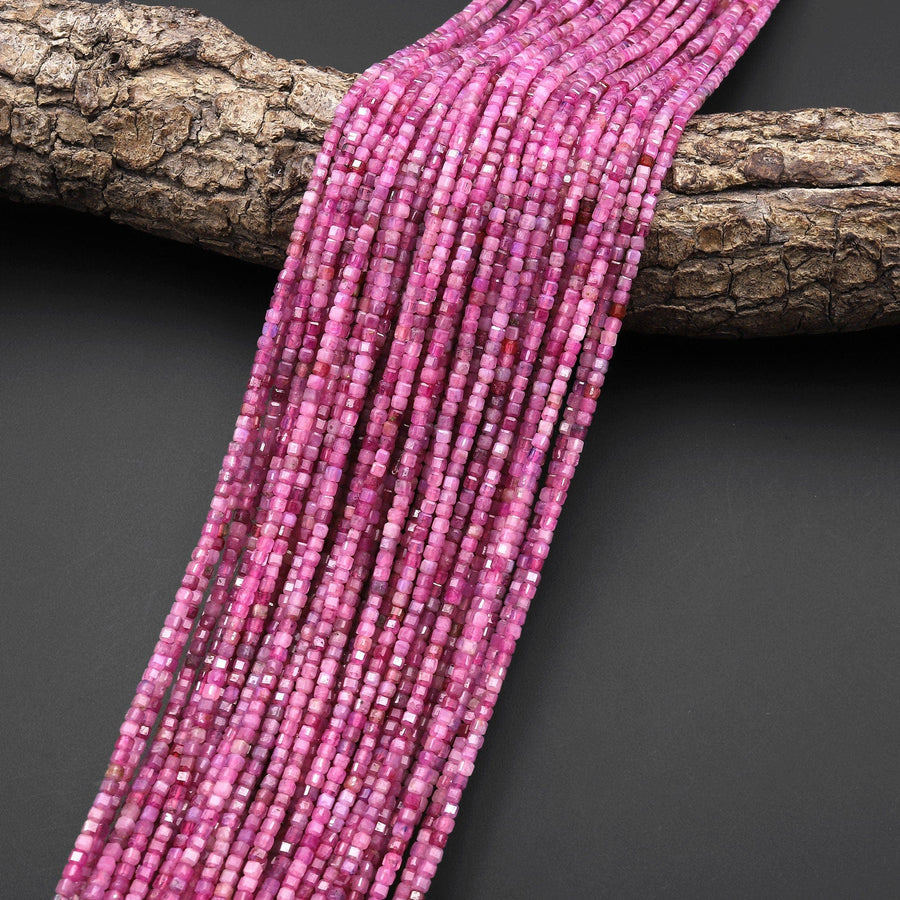 AAA Real Genuine Natural Pink Burma Ruby Faceted 2mm Cube Dice Square Beads Micro Faceted Laser Diamond Cut 15.5" Strand