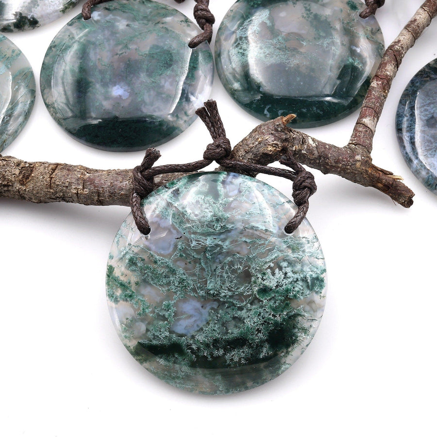 2 Hole Pendant Large Natural Green Moss Agate Circular Round Pendant Gemstone Focal Bead A1