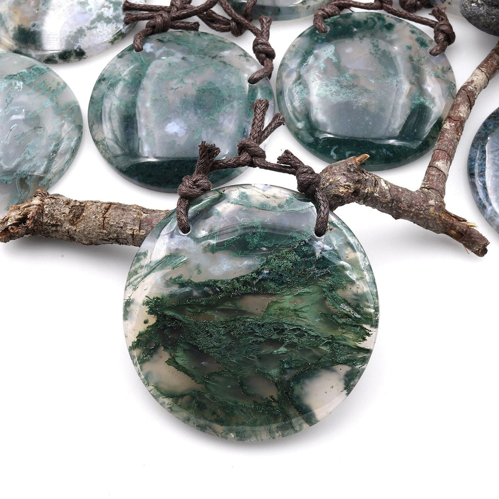 2 Hole Pendant Large Natural Green Moss Agate Circular Round Pendant Gemstone Focal Bead A2