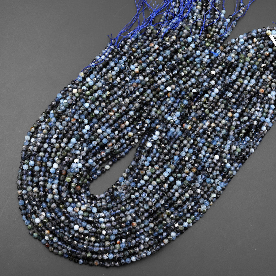 Faceted Natural Dark Blue Aquamarine 3mm Round Beads 15.5" Strand