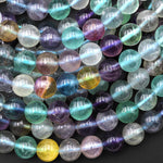 Natural Rainbow Fluorite Beads Smooth 6mm 8mm 10mm Soft Purple Aqua Green Yellow Gemstone 15.5" Strand