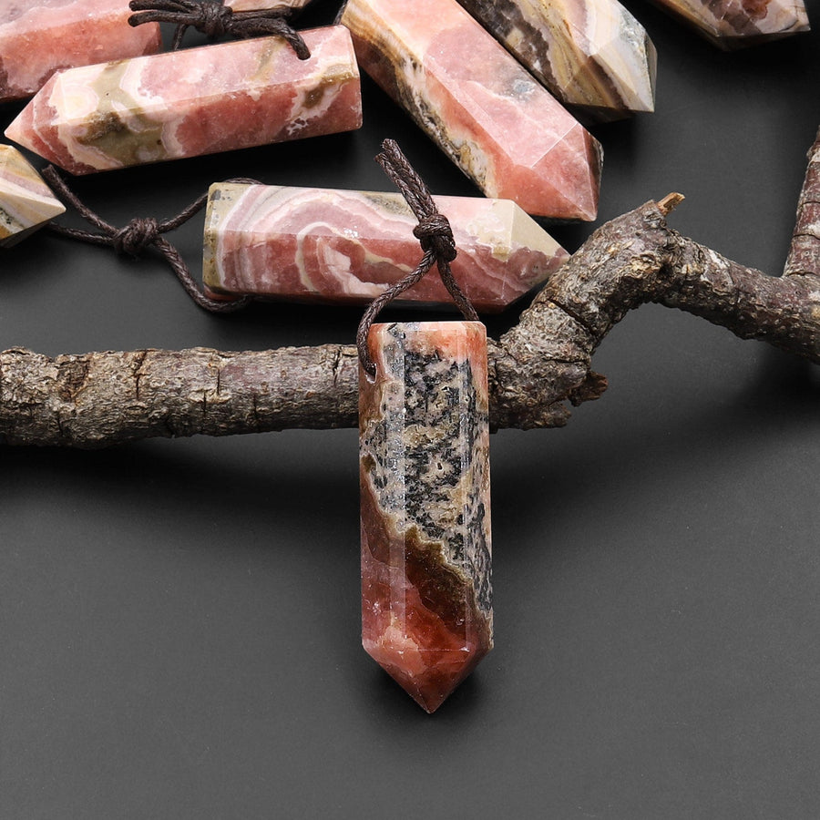 Natural Rhodochrosite Obelisk Point Pendant Side Drilled Tower Pendulum Healing Crystal