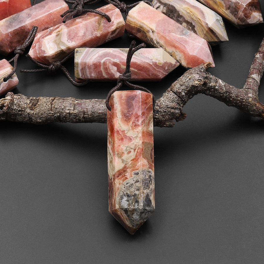 Natural Rhodochrosite Obelisk Point Pendant Side Drilled Tower Pendulum Healing Crystal