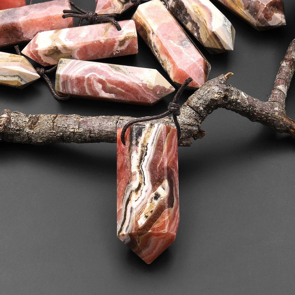 Natural Rhodochrosite Obelisk Point Pendant Side Drilled Tower Pendulum Healing Crystal A1