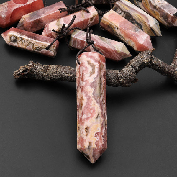 Natural Rhodochrosite Obelisk Point Pendant Side Drilled Tower Pendulum Healing Crystal A6